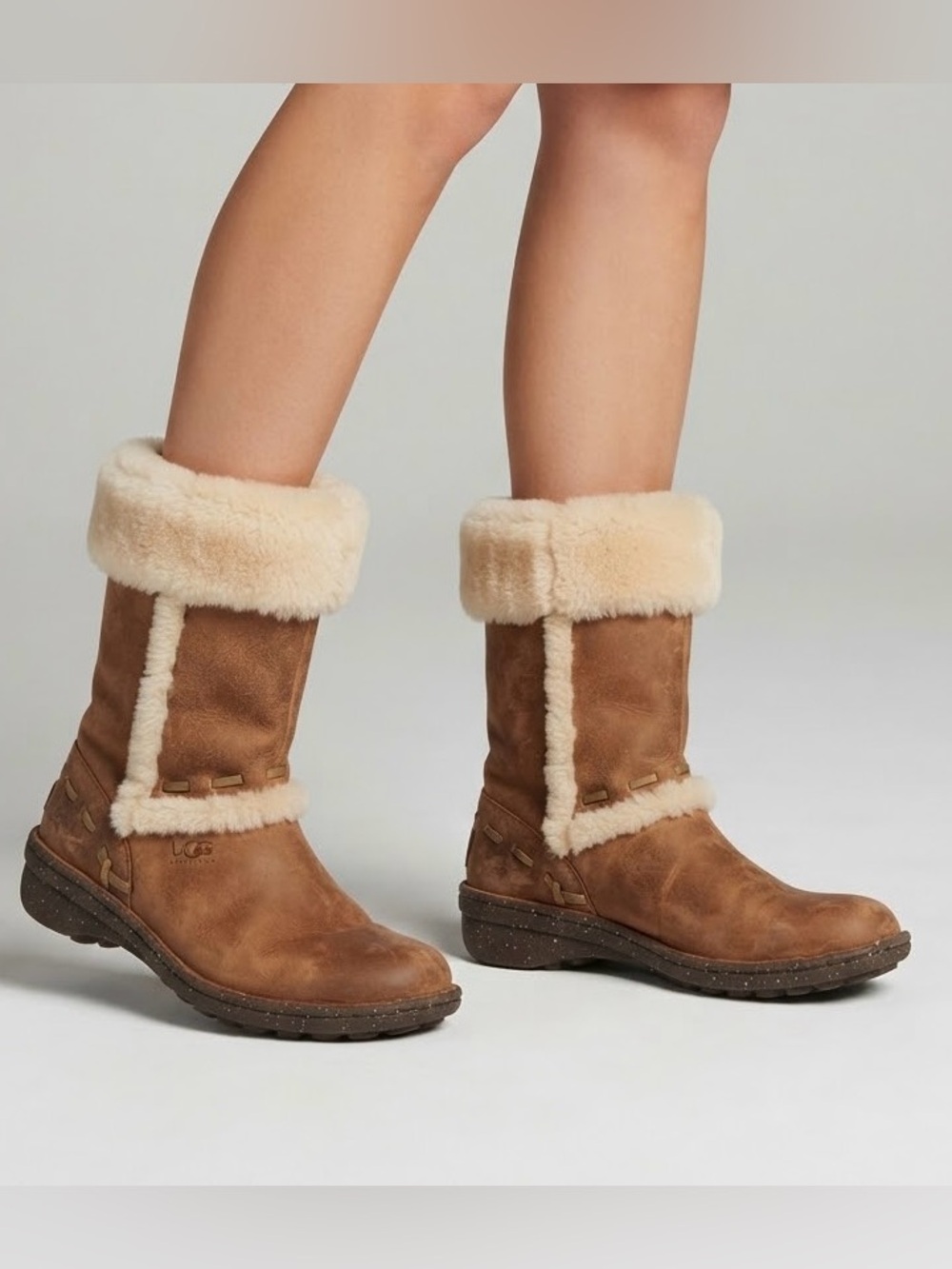 UGG Australia Chestnut Brown Suede Shearling Whipstitch Mid-Calf Boots Sz 7